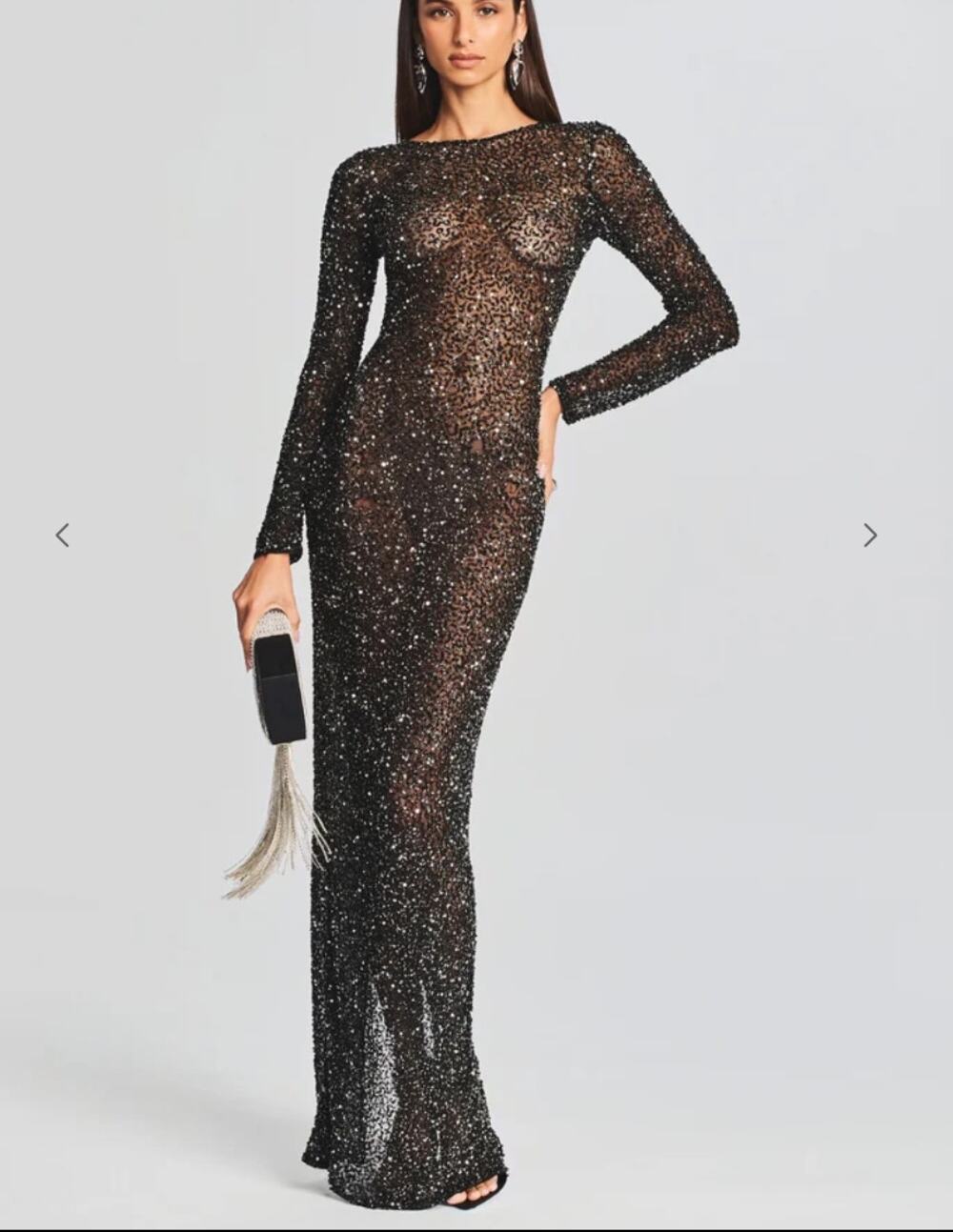 Retrofete Heidi Sequin Dress Sz M Longsleeve Maxi Sheer Beaded Rhinestone Sequin